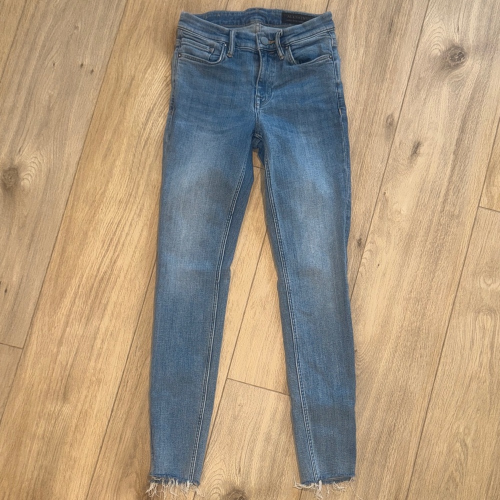 AllSaints Medium Blue Skinny Jeans with Frayed Hem